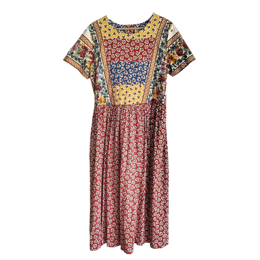 Vintage Anne Marie Patchwork Floral Midi Dress M Cotton Cottagecore Prairie USA
